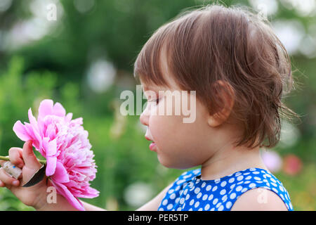 Adorable petite fille reniflant fleurs violettes. Banque D'Images