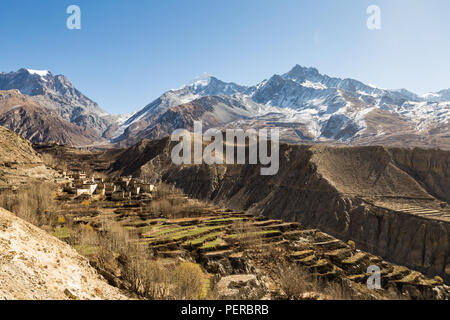 Une vue de la Thorung La pass de l'Muktinah valley le long du circuit de l'Annapurna trek dans l'Himalaya au Népal Banque D'Images