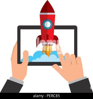 Les mains avec tablette et démarrage rocket Illustration de Vecteur