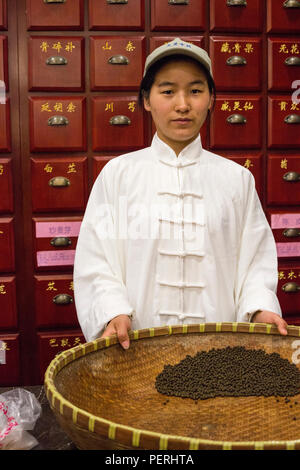 Suzhou, Jiangsu, Chine. Un employé ayant des pilules dans une entreprise fabriquant des médicaments traditionnels à base de plantes. Banque D'Images