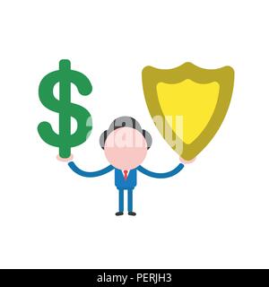 Vector illustration businessman holding caractère dollar et guard shield. Illustration de Vecteur