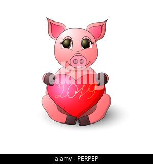 Un drôle de cochon est titulaire d'un coeur avec l'inscription 2019 Illustration de Vecteur