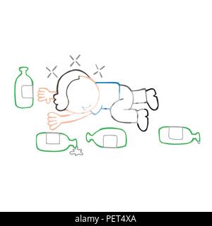 Vector hand-drawn cartoon illustration de drunk man lying on floor avec des bouteilles de bière vides. Illustration de Vecteur