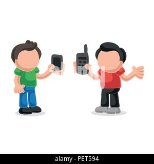 Vector hand-drawn cartoon illustration de deux hommes montrent leur nouveau et vieux téléphones cellulaires. Illustration de Vecteur