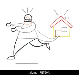 Vector illustration cartoon voleur masqué face à l'homme courir loin de maison. Illustration de Vecteur