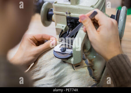 Professionnel hommes skinner, fourreur à l'aide de la machine à coudre spéciale pour coudre la peau de fourrure à l'atelier, atelier. La mode et le travail du cuir concept Banque D'Images