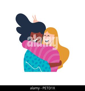 Deux girl friends hugging and smiling together. Divers professionnels ami illustration sur fond isolé. Vecteur EPS10. Illustration de Vecteur