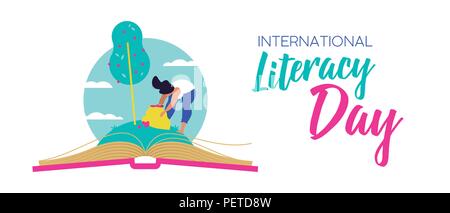 Journée mondiale de l'alphabétisation, de bannières web woman taking fruit de livre ouvert. Lire l'éducation pour les enfants et adultes, des connaissances que l'alimentation de la vie concept illustr Illustration de Vecteur