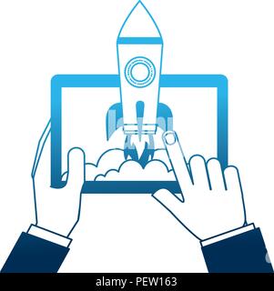 Les mains avec tablette et démarrage rocket Illustration de Vecteur