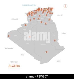 Algérie carte de vecteur stylisé montrant les grandes villes, la capitale Alger, divisions administratives. Illustration de Vecteur