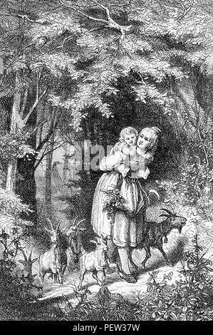 Gravure d'époque, promenade dans les bois, mère, fille et quatre petits goatlings Banque D'Images