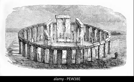 Gravure d'époque préhistorique Stonehenge monument à Wiltshire, Angleterre, un anneau de 4 m de haut standing stones chaque pondération autour de 25 tonnes. Banque D'Images