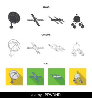 Radar Radio, station d'engin spatial dans l'espace, Lunokhod. La technologie de l'espace collection set icônes dans black,télévision,style Contour Symbole vecteur illustration stock Illustration de Vecteur