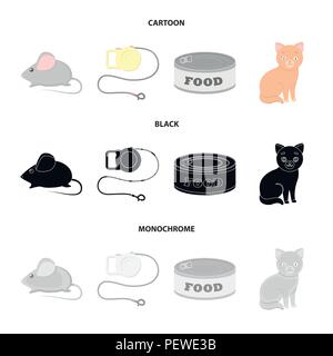 Souris, laisse les animaux, les aliments pour animaux, chaton. Icônes de la collection set chat cartoon,Black,style monochrome symbole vecteur illustration de stock . Illustration de Vecteur