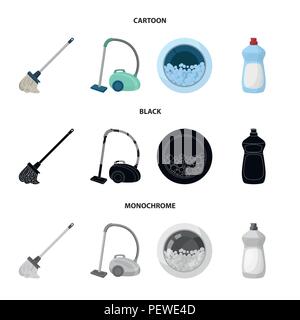 Une vadrouille avec une poignée pour laver les planchers, un aspirateur vert, une fenêtre d'une machine à laver avec de l'eau et de mousse, une bouteille avec un agent de nettoyage. Cle Illustration de Vecteur