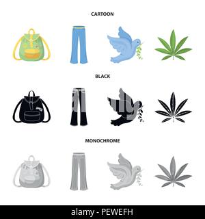 Une feuille de cannabis, une colombe, un jean, un sac à dos.collection set Hippy en icônes cartoon,Black,style monochrome symbole vecteur illustration de stock. Illustration de Vecteur