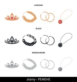 Tiara, chaîne d'or, boucles d'oreilles, pendentif avec une pierre. Les bijoux et accessoires collection icônes de cartoon,Black,style monochrome stock symbol vector Illustration de Vecteur