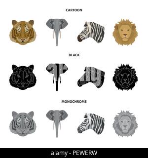 Tigre, lion, éléphant, zèbre, animaux réalistes collection set icônes de cartoon,Black,style monochrome symbole vecteur illustration de stock . Illustration de Vecteur