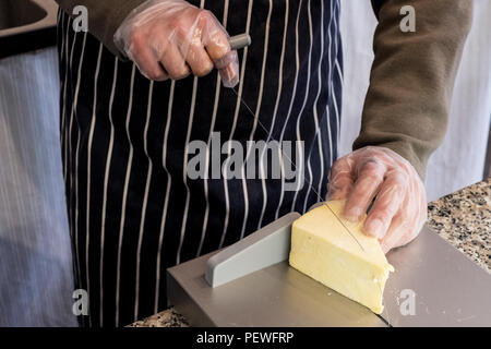 High angle portrait d'homme portant un tablier, debout au comptoir d'une épicerie fine, fromage en tranches avec coupe-fil. Banque D'Images