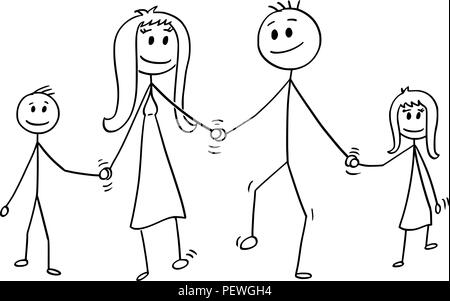 Caricature de la famille, de l'homme et la femme et le garçon et fille qui marche tout en se tenant la main Illustration de Vecteur