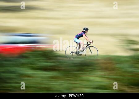 Les cycles d'une femme à Richmond Park, au sud ouest de Londres. Banque D'Images