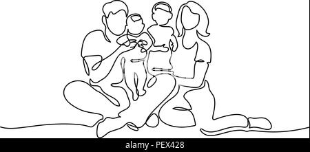 Dessin d'une ligne continue. Notion de famille. Père, mère et deux enfants assis ensemble. Vector illustration Illustration de Vecteur