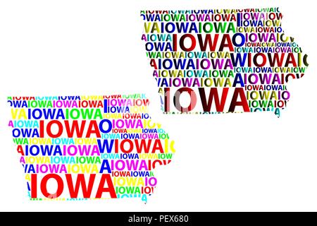 Sketch Iowa (États-Unis d'Amérique) texte de la lettre, la carte carte de l'Iowa - sous la forme du continent, la carte de l'Iowa - vector illustration couleur Illustration de Vecteur