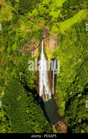 Manawaiopuna Falls (antenne) également connu sous le nom de Jurassic Park Falls, Vallée de Hanapepe, Kauai, Hawaii USA Banque D'Images