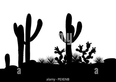 Des paysages mexicains avec saguaro, le figuier de barbarie, agaves, et de pierres. Vector illustration. noir et blanc Bandeau élégant Illustration de Vecteur