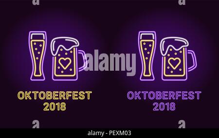 Bannière de néon de l'Oktoberfest en violet et jaune. Vector illustration de verre avec de la bière et Mug avec de la bière dans le néon style. Maison de vacances poster Illustration de Vecteur