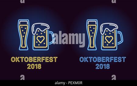 Bannière de néon de l'Oktoberfest en bleu et jaune. Vector illustration de verre avec de la bière et Mug avec de la bière dans le néon style. Maison de vacances de l'affiche Illustration de Vecteur