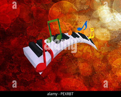 Piano Clavier avec touches ondulées en noir et blanc et coloré en 3D Notes de musique grunge Texture Background Illustration Banque D'Images