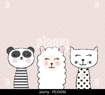 Mignon petit lama, panda et chat pour carte et shirt design. Meilleur ami Concept. Vector Illustration Illustration de Vecteur