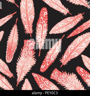 Flamingo feather brigth tourbillons colorés à la main. Modèle sans couture. Vector illustration isolé sur l'obscurité. Illustration de Vecteur