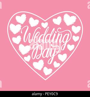 Jour de mariage vecteur illustration blanc avec coeur coeur isolé sur fond rose. Inscriptions de lettrage. Illustration de Vecteur