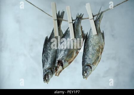 Le poisson séché sur une corde. Concept alimentaire. Apéritif idéal pour la bière. Couleur rustique de style. Une composition minimaliste. Banque D'Images