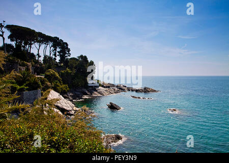 Vue panoramique sur le golfe de Tigullio à partir de la promenade de bord de mer sur la côte rocheuse de Gênes Gênes, ligurie, italie Banque D'Images