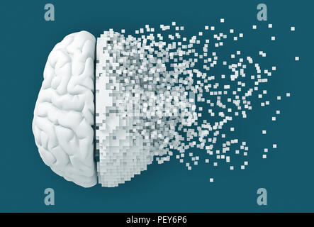 Désintégration de cerveau numérique sur fond bleu. 3D Illustration. Banque D'Images
