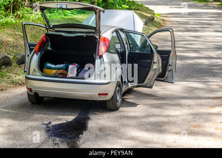 Voiture cassée sur le bord de la route avec un ouvrir le capot, le coffre et les portes. Fuite d'huile au niveau du moteur sur l'asphalte Banque D'Images