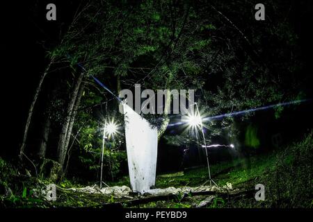 Luz con fotos para atraer insectos como palomillas hacia una tela blanca en el bosque en medio de la noche. Luz verde. La couleur vert. La lumière avec photos pour attirer les insectes comme des papillons vers un linge blanc dans la forêt au milieu de la nuit. La lumière verte. La couleur verte. Découverte de Madrense GreaterGood Expedición ORG que recaba datos que sirven como información de referencia para entender mejor las relaciones biológicas del Archipiélago Madrense y se usan para proteger y conservar las tierras virgenes de las Islas Serranas Sonorenses. Expedición binacional aye une un colaboradores de Méxic Banque D'Images