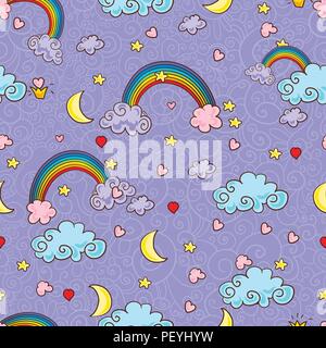 Fond de nuage, arc-en-ciel motif transparent, Cartoon Vector Illustration, purple Sky Background pour Kid Illustration de Vecteur