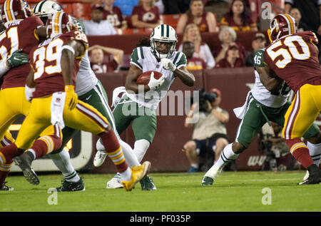 New York Jets receveur Andre Roberts (3) renvoie un kick-off au premier trimestre contre l'Redskins de Washington à FedEx Field à Landover, Maryland, le jeudi 16 août, 2018. Credit : Ron Sachs/CNP (restriction : NO New York ou le New Jersey Journaux ou journaux dans un rayon de 75 km de la ville de New York) | Conditions de crédit dans le monde entier : dpa photo alliance/Alamy Live News Banque D'Images