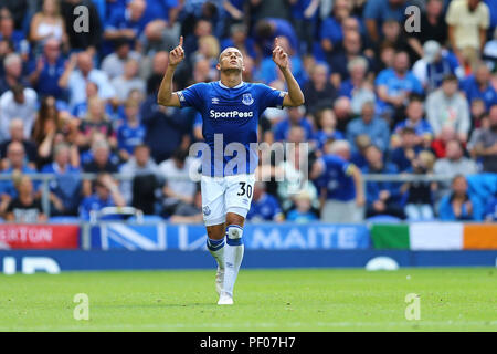 Liverpool, Royaume-Uni. 18 août 2018. Richarlison de Everton célèbre après avoir marqué son deuxième but des équipes. Premier League, Everton v Southampton à Goodison Park à Liverpool le samedi 18 août 2018. Cette image ne peut être utilisé qu'à des fins rédactionnelles. Usage éditorial uniquement, licence requise pour un usage commercial. Aucune utilisation de pari, de jeux ou d'un seul club/ligue/dvd publications. Photos par Chris Stading/Andrew Orchard la photographie de sport/Alamy live news Banque D'Images