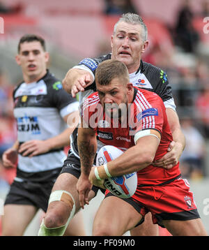 Salford, Royaume-Uni. 18 août 2018. . Rugby League Super 8'S Salford Red Devils vs Widnes Vikings ;Josh Jones larmes à travers la défense Widnes au stade AJ Bell, Salford, Royaume-Uni. Credit : Dean Williams/Alamy Live News Banque D'Images