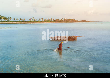 Femme locale recueille des algues dans l'océan sur l'île de Zanzibar, plage de Jambiani. La vie et le travail de la population locale. Banque D'Images