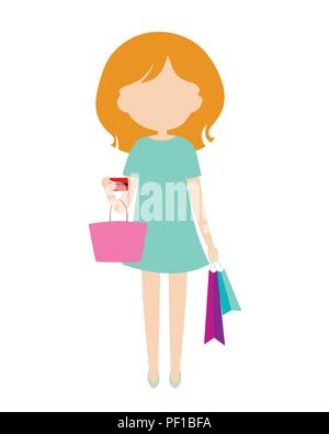 Jeune femme en robe verte se dresse et tient les sacs et une carte de crédit tout en faisant du shopping. Modèle plat, vector - isolé sur fond blanc Illustration de Vecteur