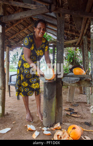 Femme nettoie coco pour les touristes à un guichet le long de la côte. Sri Lanka 3 juin 2016. Banque D'Images