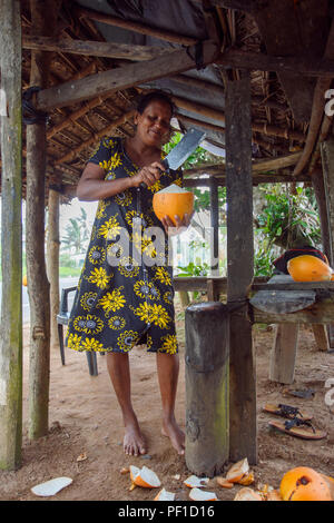 Femme nettoie coco pour les touristes à un guichet le long de la côte. Sri Lanka 3 juin 2016. Banque D'Images