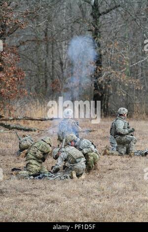 Une équipe de mortier à partir de la Compagnie C, 1er Bataillon, 327e Régiment d'infanterie, 1e Brigade Combat Team, 101st Airborne Division (Air Assault) incendies un M224 de 60 mm de mortier léger au cours de l'exercice de tir réel 17 février 2016, à l'éventail 55, Fort Campbell, Kentucky. Les soldats étaient de fournir l'appui feu alors qu'une partie de l'entreprise a attaqué un objectif. L'exercice faisait partie d'Eagle Flight III, un exercice culminant exécuté au niveau de l'entreprise. (U.S. Photo de l'armée par le Sgt. Samantha Stoffregen, 1e Brigade Combat Team, 101st Airborne Division (Air Assault) Affaires publiques) Banque D'Images