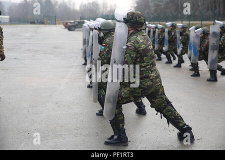 Soldats roumains du 26e Bataillon de montagne sont à la position d'attente tout en menant un exercice de lutte antiémeute lors d'une Force de paix au Kosovo (KFOR) de l'exercice de répétition de mission (MRE) au Centre de préparation interarmées multinationale à Hohenfels, Allemagne, le 18 février 2016. La KFOR MRE 21 est basé sur l'environnement opérationnel courant et est conçu pour préparer l'unité de maintien de la paix, de la stabilité, et des plans d'opérations au Kosovo au soutien aux autorités civiles pour maintenir un environnement sûr et sécuritaire. (U.S. Photo de l'armée par Pvt. Randy Wren/libérés) Banque D'Images